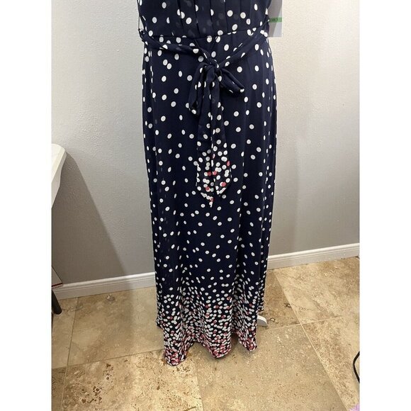 R&K Maxi Polkadot Sleeveless Chiffon Dress Lined Pleated Top Contrast Bottom - Picture 2 of 14